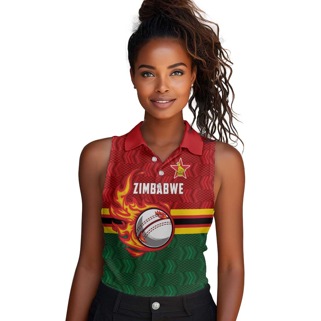 Custom Africa Cricket Zimbabwe Women Sleeveless Polo Shirt The Chevrons Cricket Ball Fire - African Pride