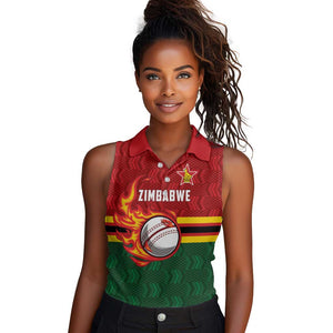 Custom Africa Cricket Zimbabwe Women Sleeveless Polo Shirt The Chevrons Cricket Ball Fire - African Pride