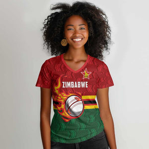 Custom Africa Cricket Zimbabwe Women V-Neck T-Shirt The Chevrons Cricket Ball Fire - African Pride