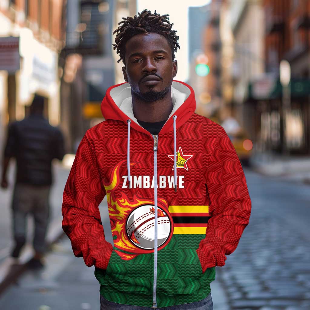 Custom Africa Cricket Zimbabwe Zip Hoodie The Chevrons Cricket Ball Fire - African Pride
