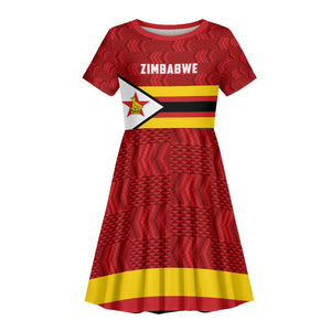 Custom Africa Cricket Zimbabwe Kid Short Sleeve Dress Zimbabwean Pattern Flag Motif - African Pride