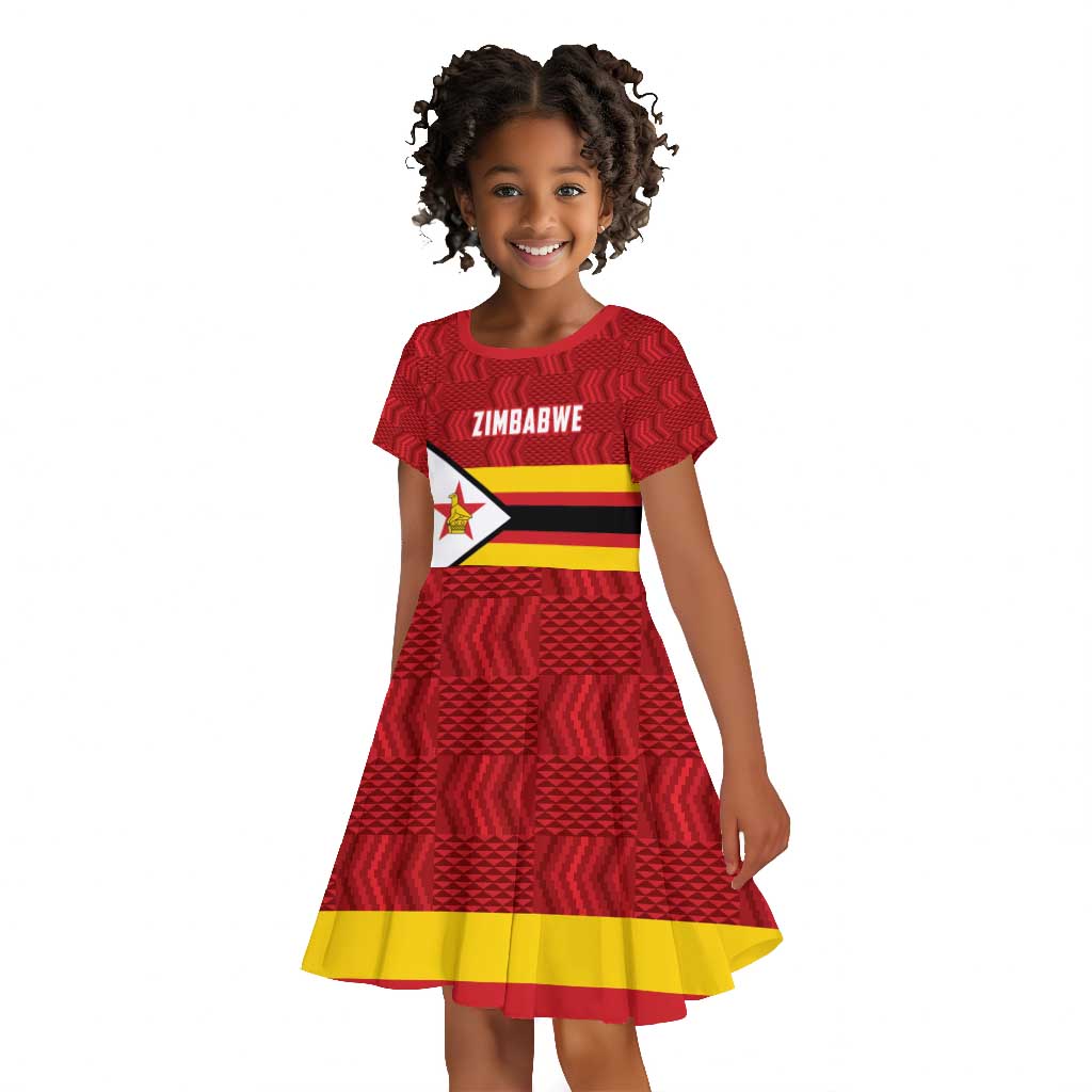 Custom Africa Cricket Zimbabwe Kid Short Sleeve Dress Zimbabwean Pattern Flag Motif - African Pride