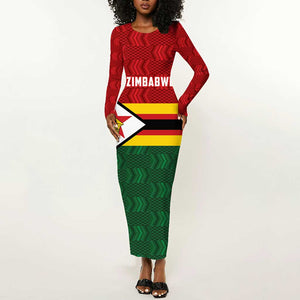 Custom Africa Cricket Zimbabwe Long Sleeve Bodycon Dress Zimbabwean Pattern Flag Motif - African Pride