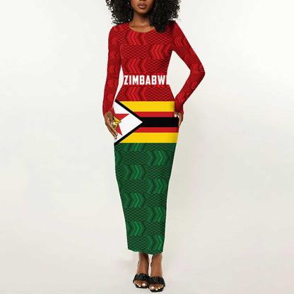 Custom Africa Cricket Zimbabwe Long Sleeve Bodycon Dress Zimbabwean Pattern Flag Motif - African Pride