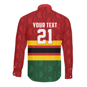 Custom Africa Cricket Zimbabwe Long Sleeve Button Shirt Zimbabwean Pattern Flag Motif - African Pride