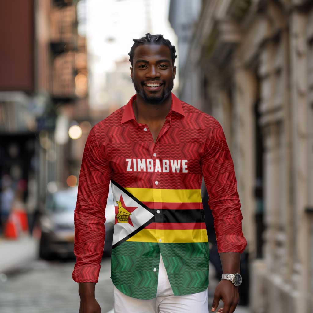 Custom Africa Cricket Zimbabwe Long Sleeve Button Shirt Zimbabwean Pattern Flag Motif - African Pride