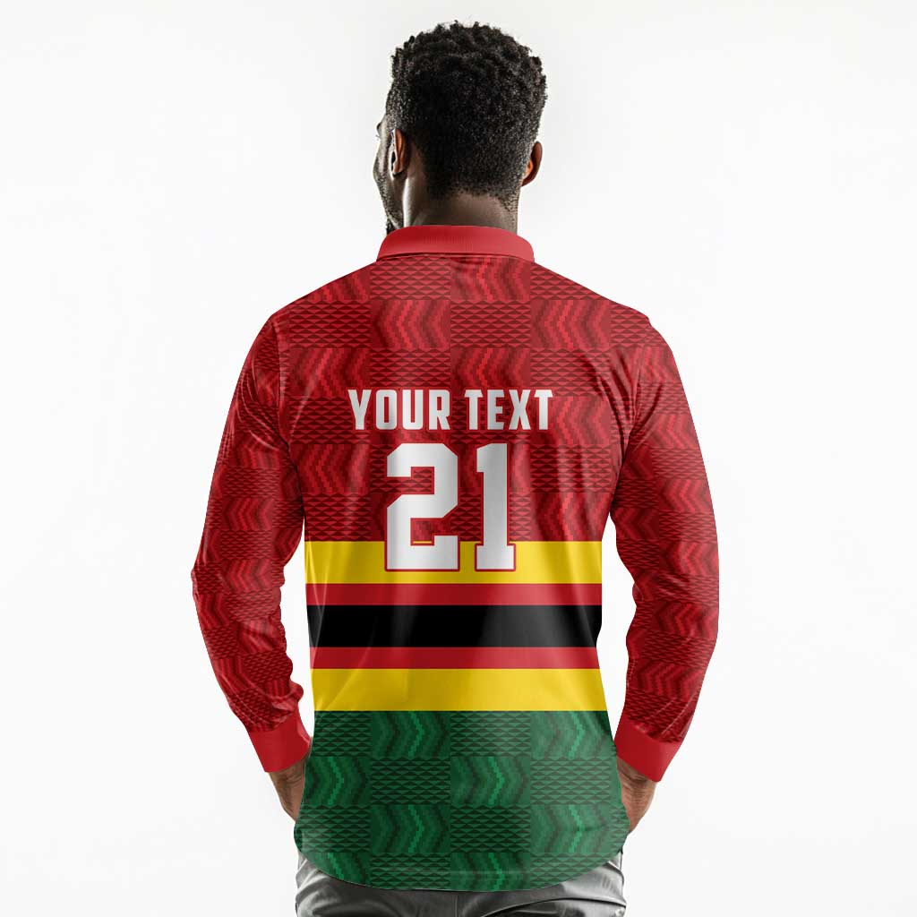 Custom Africa Cricket Zimbabwe Long Sleeve Polo Shirt Zimbabwean Pattern Flag Motif - African Pride