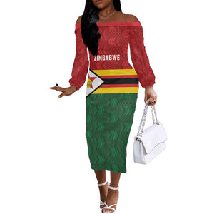 Custom Africa Cricket Zimbabwe Off The Shoulder Long Sleeve Dress Zimbabwean Pattern Flag Motif - African Pride