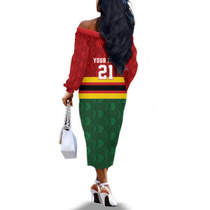 Custom Africa Cricket Zimbabwe Off The Shoulder Long Sleeve Dress Zimbabwean Pattern Flag Motif - African Pride