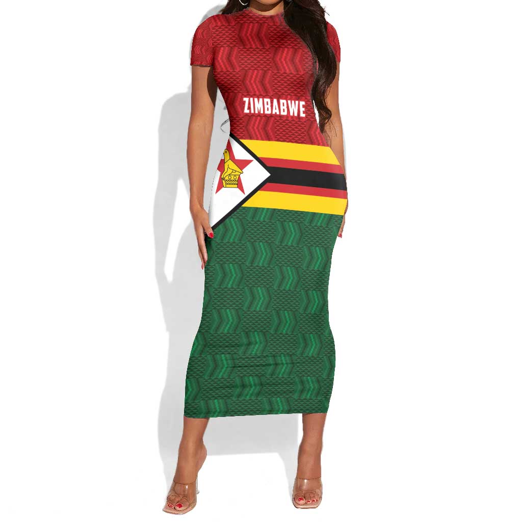 Custom Africa Cricket Zimbabwe Short Sleeve Bodycon Dress Zimbabwean Pattern Flag Motif - African Pride