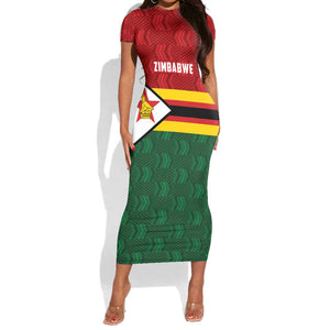 Custom Africa Cricket Zimbabwe Short Sleeve Bodycon Dress Zimbabwean Pattern Flag Motif - African Pride