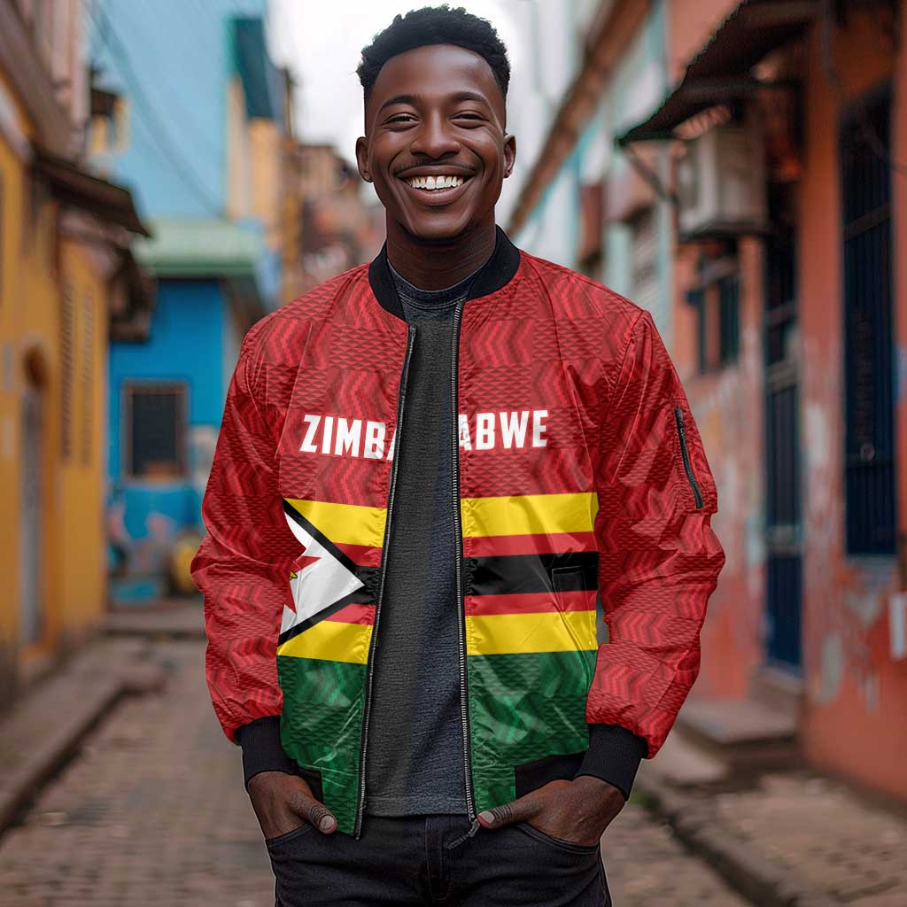 Custom Africa Cricket Zimbabwe Sleeve Zip Bomber Jacket Zimbabwean Pattern Flag Motif - African Pride