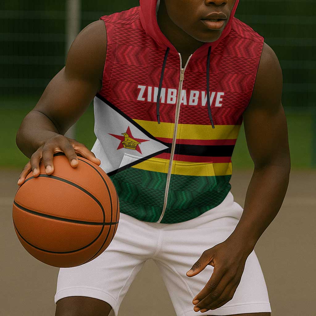 Custom Africa Cricket Zimbabwe Sleeveless Zip Hoodie Zimbabwean Pattern Flag Motif - African Pride