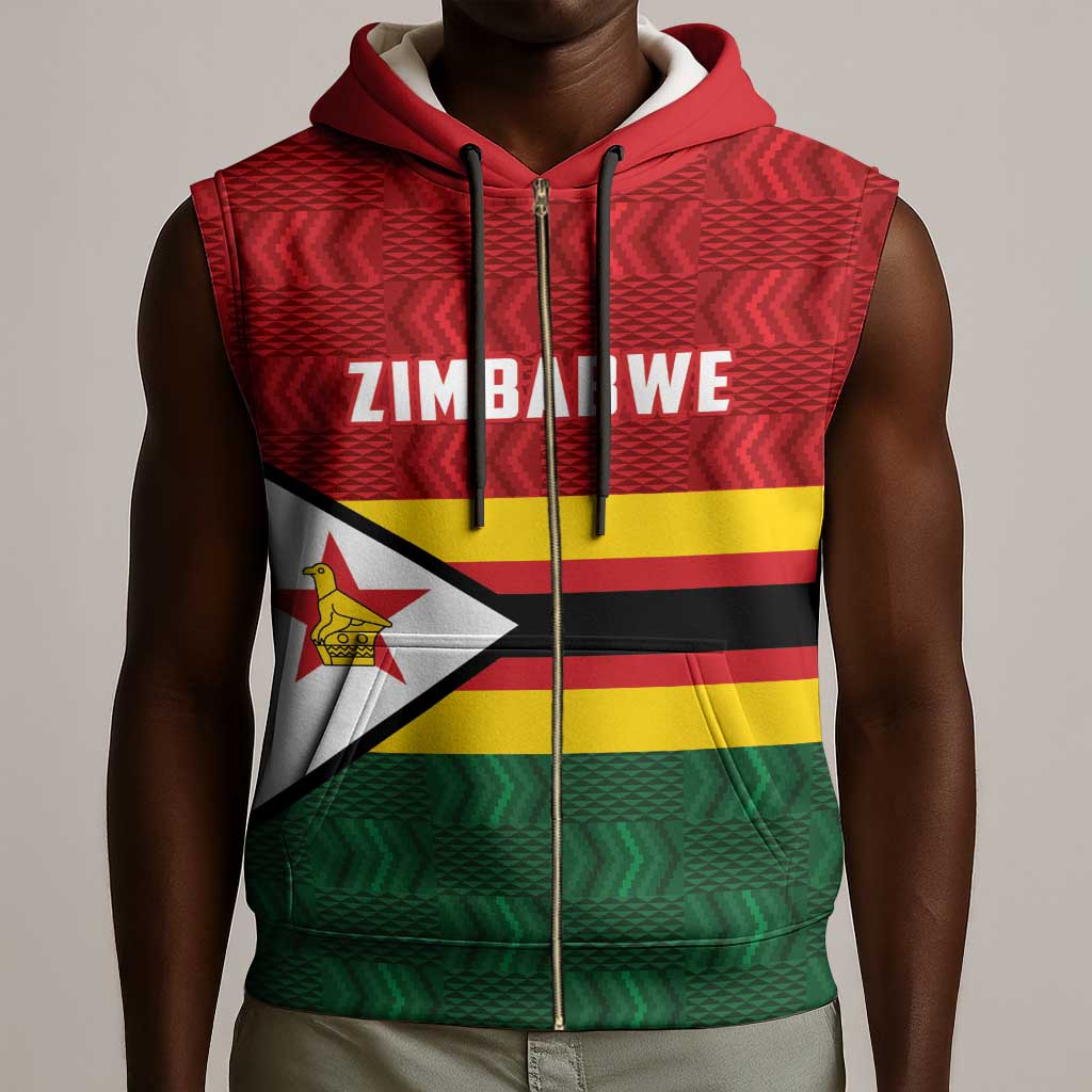 Custom Africa Cricket Zimbabwe Sleeveless Zip Hoodie Zimbabwean Pattern Flag Motif - African Pride