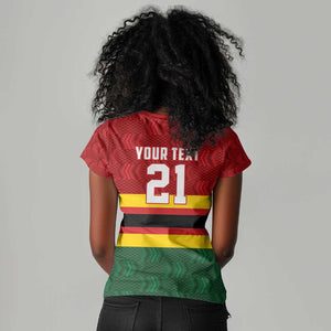 Custom Africa Cricket Zimbabwe Women V-Neck T-Shirt Zimbabwean Pattern Flag Motif - African Pride