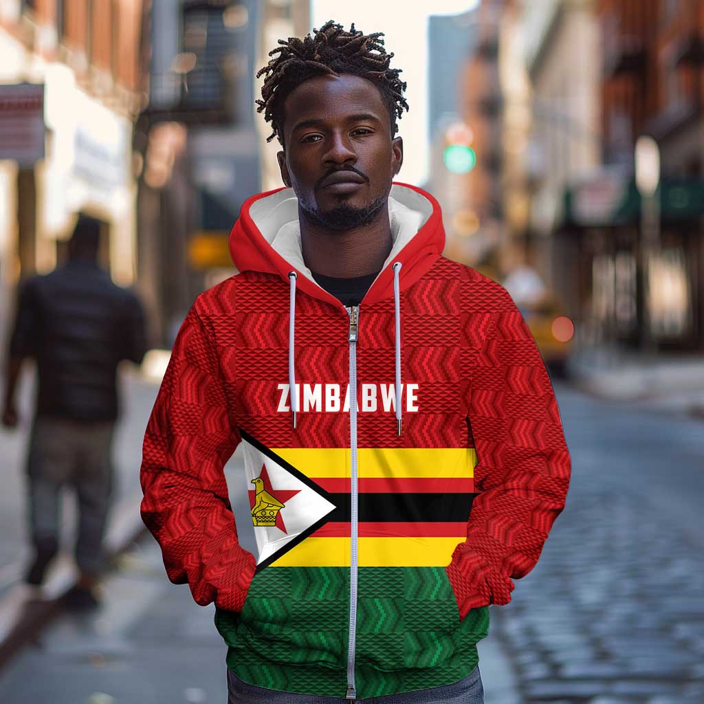 Custom Africa Cricket Zimbabwe Zip Hoodie Zimbabwean Pattern Flag Motif - African Pride