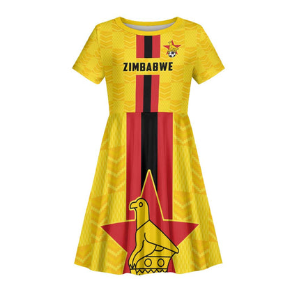 Custom Africa Football Zimbabwe Kid Short Sleeve Dress The Warriors with Zimbabwe Bird - African Pride