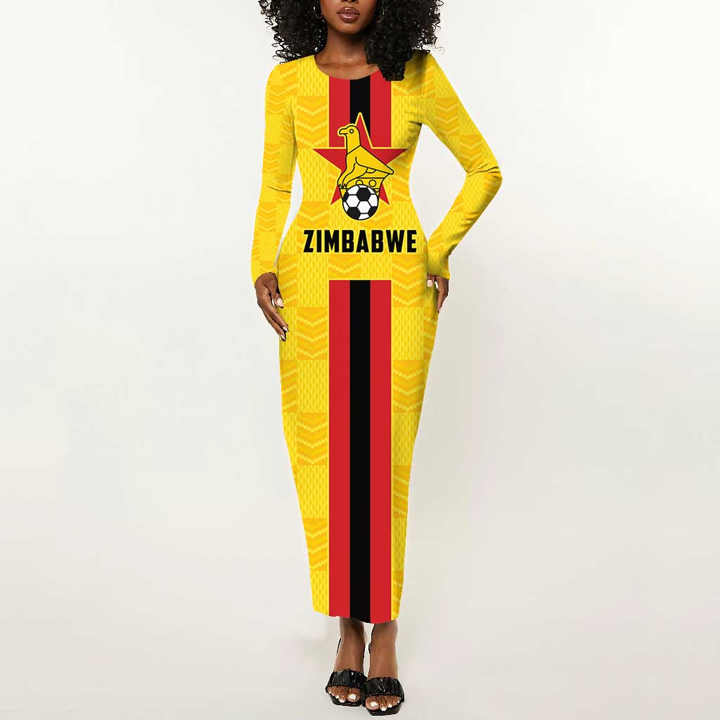 Custom Africa Football Zimbabwe Long Sleeve Bodycon Dress The Warriors with Zimbabwe Bird - African Pride