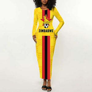 Custom Africa Football Zimbabwe Long Sleeve Bodycon Dress The Warriors with Zimbabwe Bird - African Pride