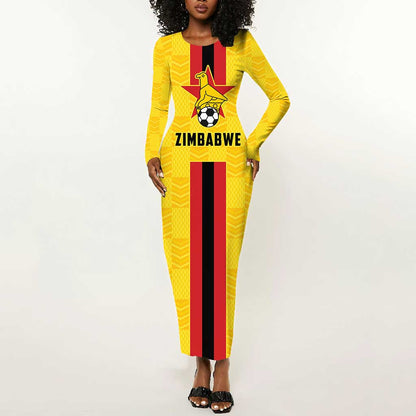 Custom Africa Football Zimbabwe Long Sleeve Bodycon Dress The Warriors with Zimbabwe Bird - African Pride