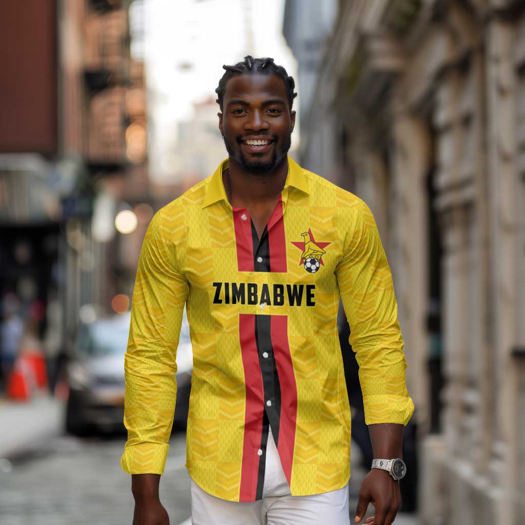 Custom Africa Football Zimbabwe Long Sleeve Button Shirt The Warriors with Zimbabwe Bird - African Pride