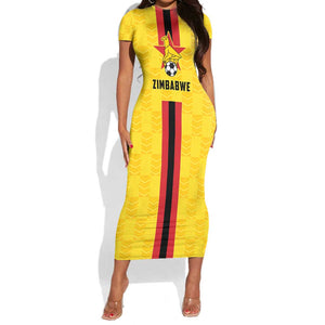 Custom Africa Football Zimbabwe Short Sleeve Bodycon Dress The Warriors with Zimbabwe Bird - African Pride