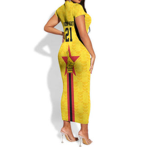Custom Africa Football Zimbabwe Short Sleeve Bodycon Dress The Warriors with Zimbabwe Bird - African Pride