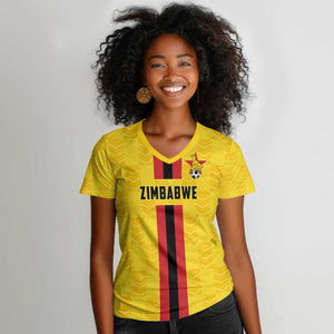 Custom Africa Football Zimbabwe Women V-Neck T-Shirt The Warriors with Zimbabwe Bird - African Pride