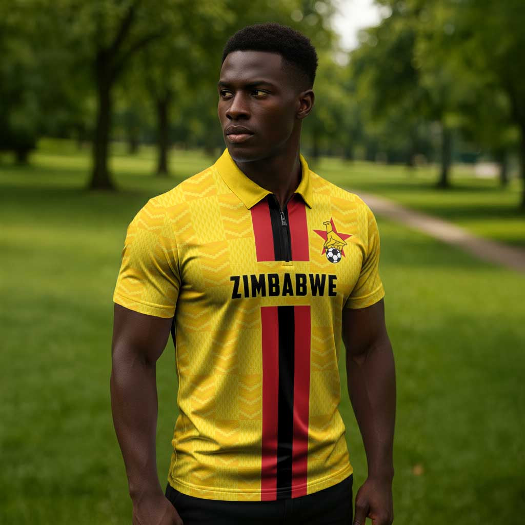 Custom Africa Football Zimbabwe Zipper Polo Shirt The Warriors Zimbabwe Bird