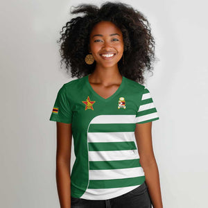 Zimbabwe Rugby History Champion Women V-Neck T-Shirt One For The History Sables - African Pride