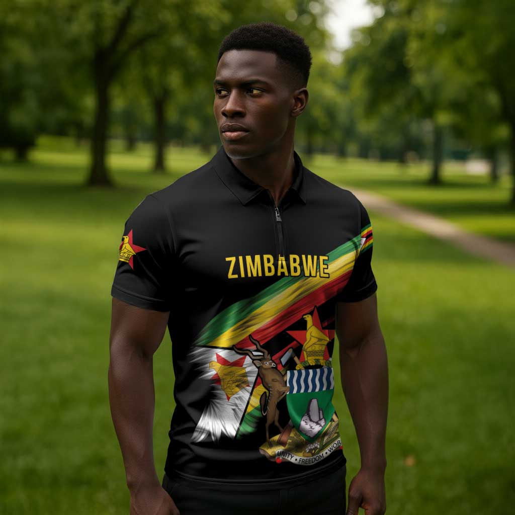Personalized Zimbabwe Wings Flag Zipper Polo Shirt Proudly Zimbabwean