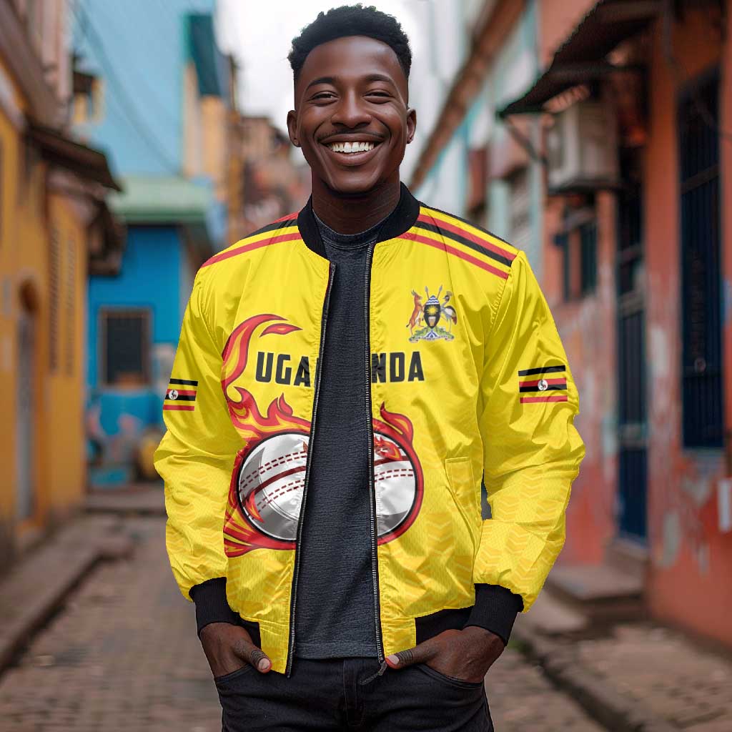 Custom Africa Cricket Uganda Bomber Jacket Cranes Cricket Ball Fire - African Pride