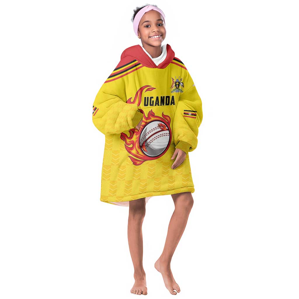 Custom Africa Cricket Uganda Kid Wearable Blanket Hoodie Cranes Cricket Ball Fire - African Pride