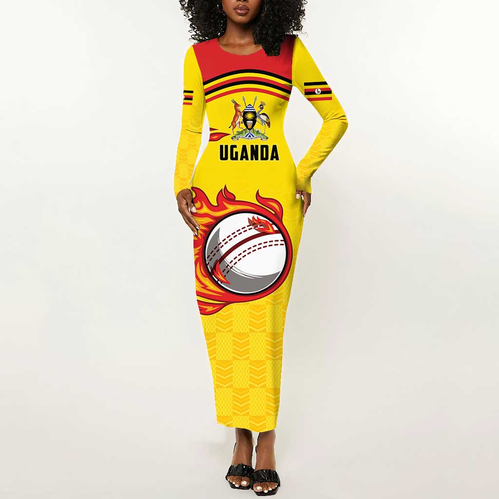Custom Africa Cricket Uganda Long Sleeve Bodycon Dress Cranes Cricket Ball Fire - African Pride