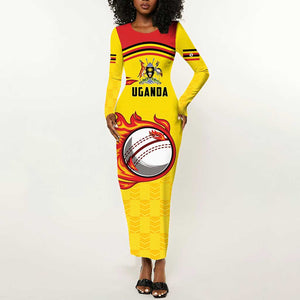 Custom Africa Cricket Uganda Long Sleeve Bodycon Dress Cranes Cricket Ball Fire - African Pride