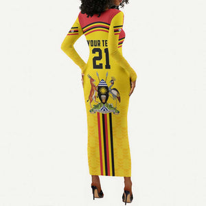 Custom Africa Cricket Uganda Long Sleeve Bodycon Dress Cranes Cricket Ball Fire - African Pride