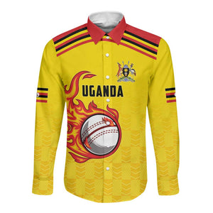 Custom Africa Cricket Uganda Long Sleeve Button Shirt Cranes Cricket Ball Fire - African Pride