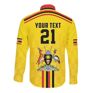 Custom Africa Cricket Uganda Long Sleeve Button Shirt Cranes Cricket Ball Fire - African Pride