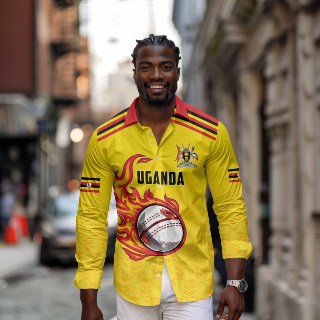Custom Africa Cricket Uganda Long Sleeve Button Shirt Cranes Cricket Ball Fire - African Pride