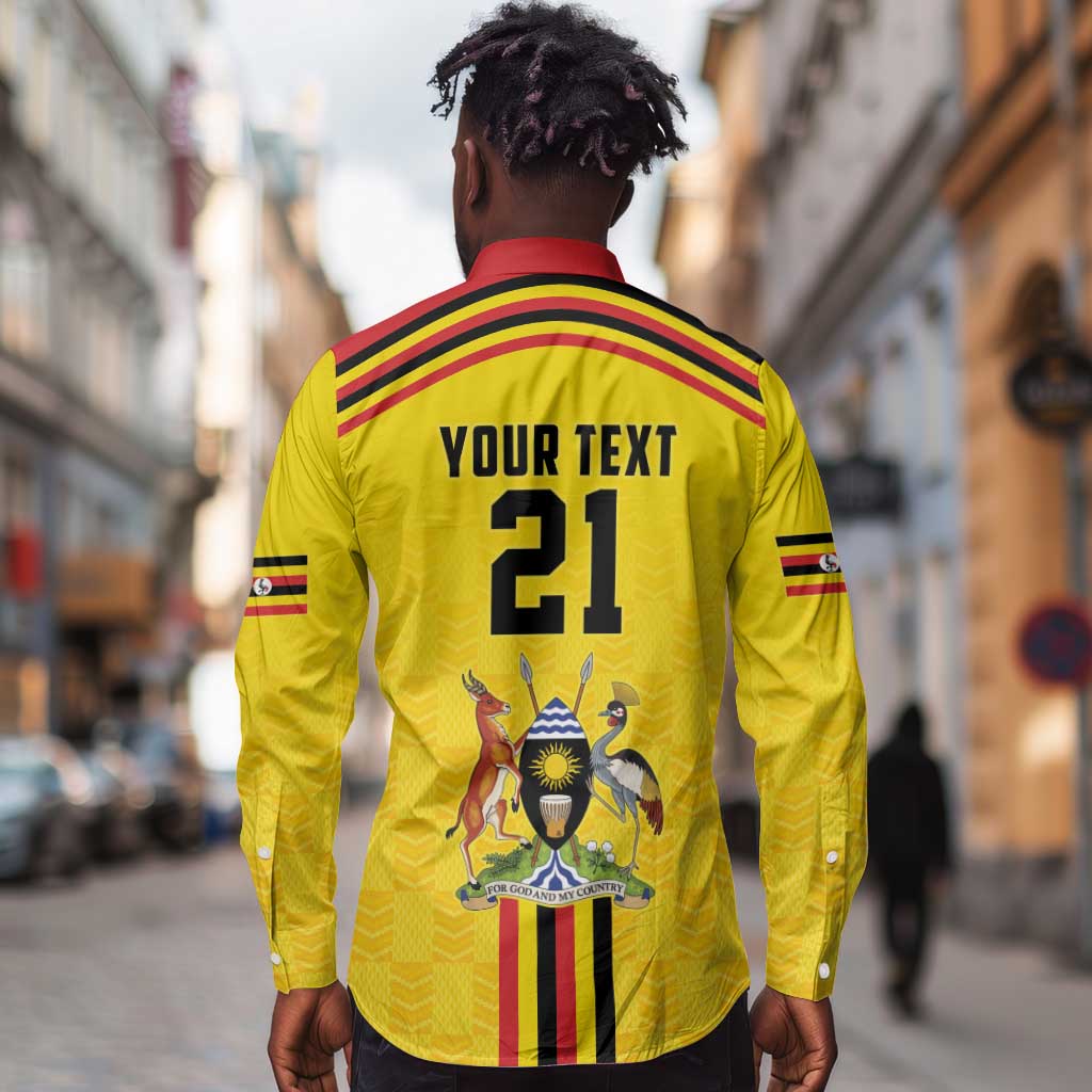 Custom Africa Cricket Uganda Long Sleeve Button Shirt Cranes Cricket Ball Fire - African Pride
