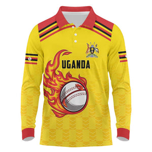 Custom Africa Cricket Uganda Long Sleeve Polo Shirt Cranes Cricket Ball Fire - African Pride