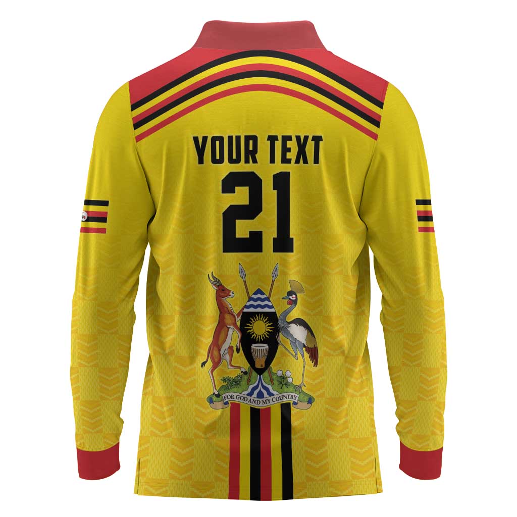 Custom Africa Cricket Uganda Long Sleeve Polo Shirt Cranes Cricket Ball Fire - African Pride