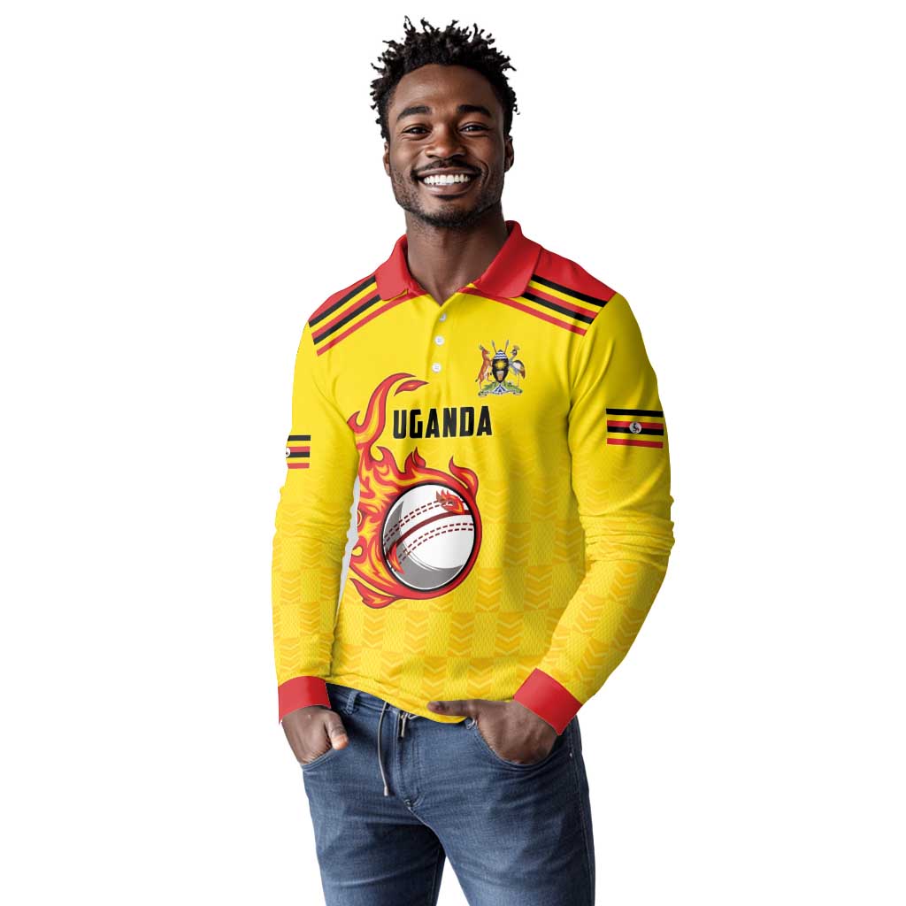 Custom Africa Cricket Uganda Long Sleeve Polo Shirt Cranes Cricket Ball Fire - African Pride