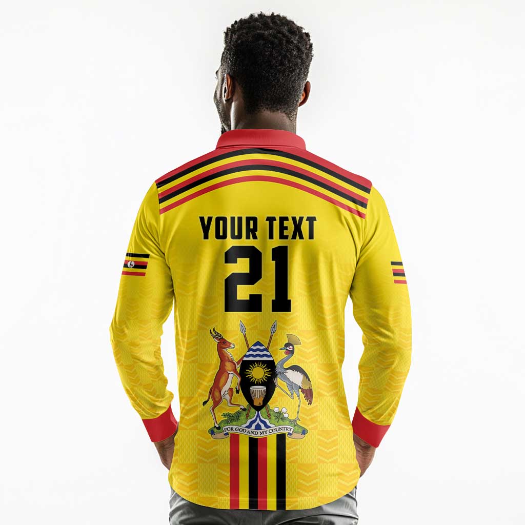 Custom Africa Cricket Uganda Long Sleeve Polo Shirt Cranes Cricket Ball Fire - African Pride