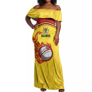Custom Africa Cricket Uganda Off Shoulder Maxi Dress Cranes Cricket Ball Fire - African Pride
