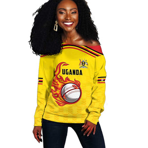 Custom Africa Cricket Uganda Off Shoulder Sweater Cranes Cricket Ball Fire - African Pride