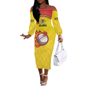 Custom Africa Cricket Uganda Off The Shoulder Long Sleeve Dress Cranes Cricket Ball Fire - African Pride