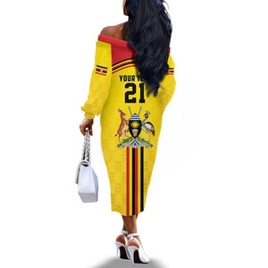 Custom Africa Cricket Uganda Off The Shoulder Long Sleeve Dress Cranes Cricket Ball Fire - African Pride