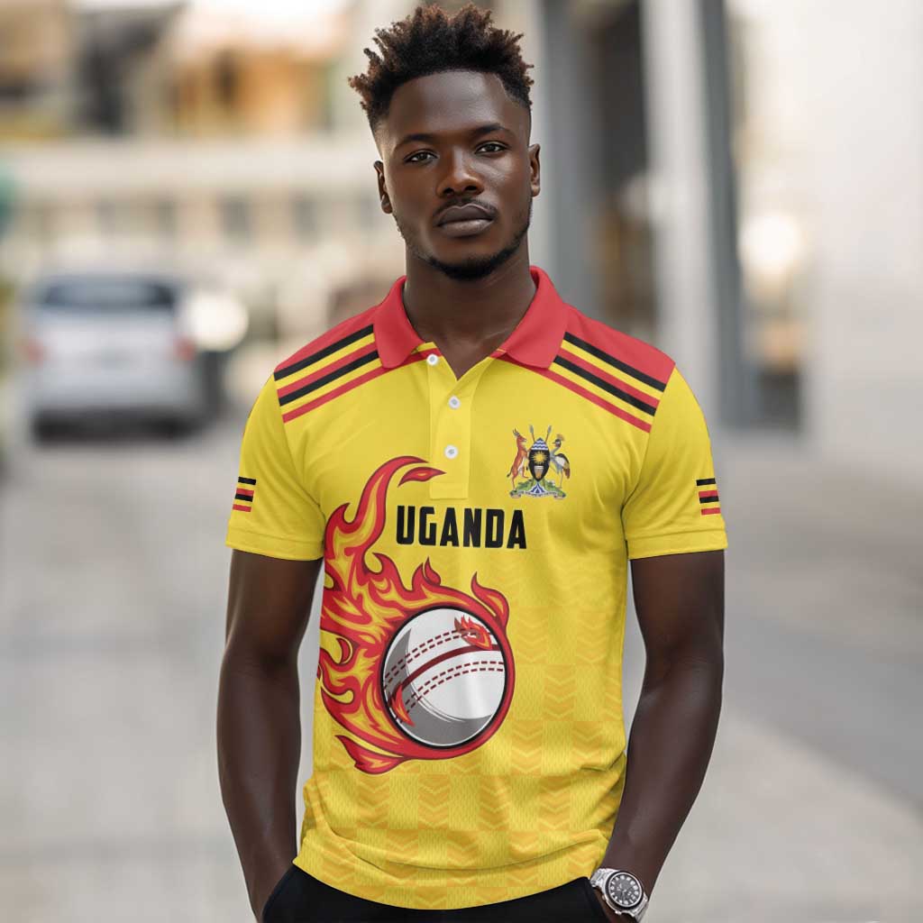 Custom Africa Cricket Uganda Polo Shirt Cranes Cricket Ball Fire - African Pride