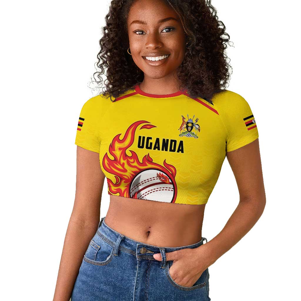 Custom Africa Cricket Uganda Raglan Cropped T shirt Cranes Cricket Ball Fire - African Pride